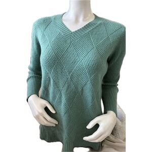 Metric Knits Women's‎ V-Neck Sweater Ribbed Knit Diamond Pattern Green XL